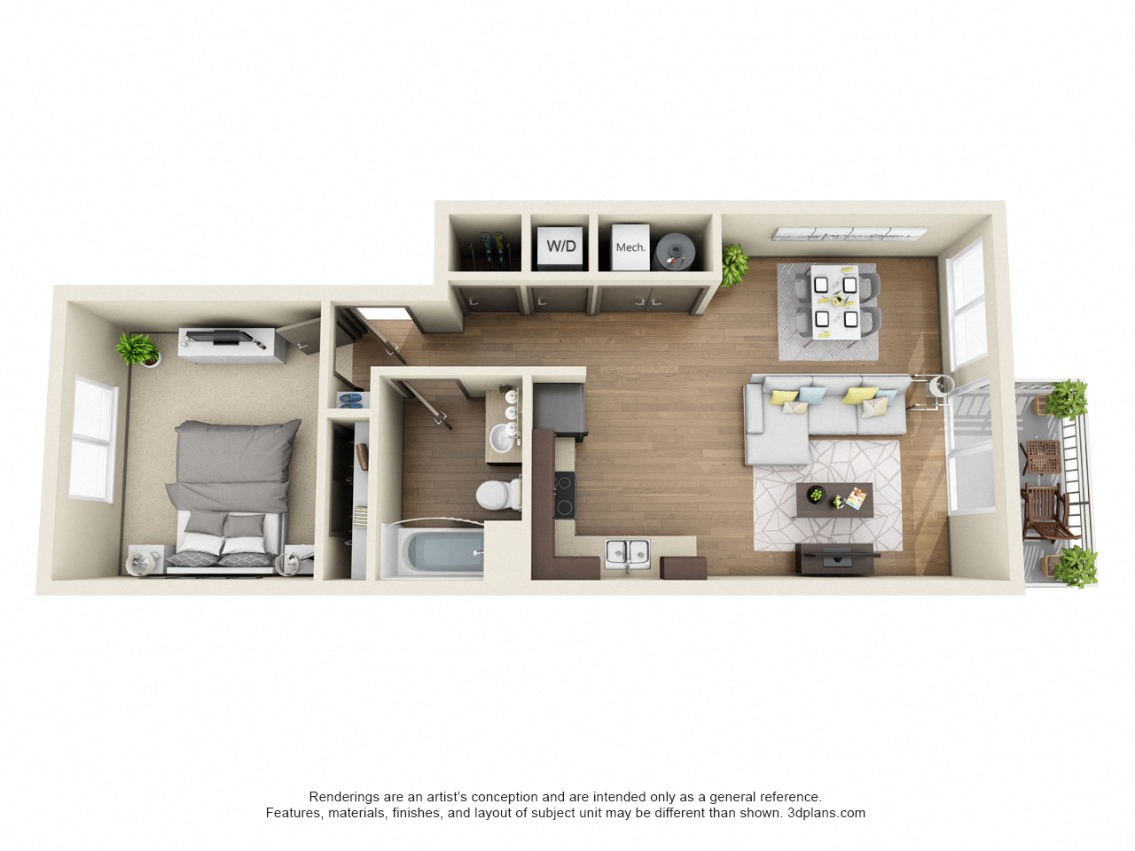 Floor plan for 1 bed, 1 bath, 682 sqft